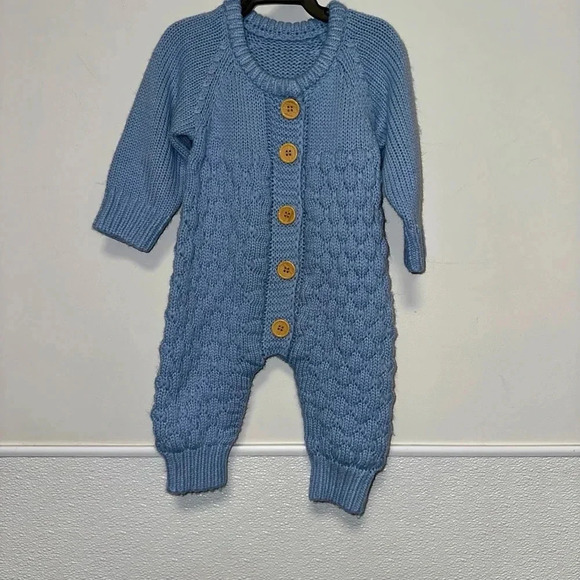 Baby Boy Winter Romper Jumpsuit 66 Light Blue (6 months) Wooden Buttons - Picture 1 of 8